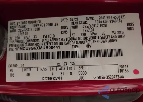 2021 Ford Escape Se z USA, uszkodzony, nr VIN 1FMCU9G6XMUB00441